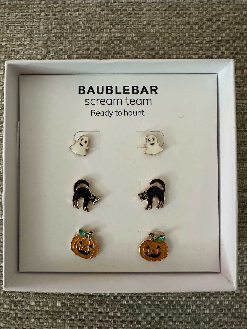 BaubleBar Halloween Earring Set of 3 pairs Ghost Cat Pumpkin NIB - Picture 3 of 7